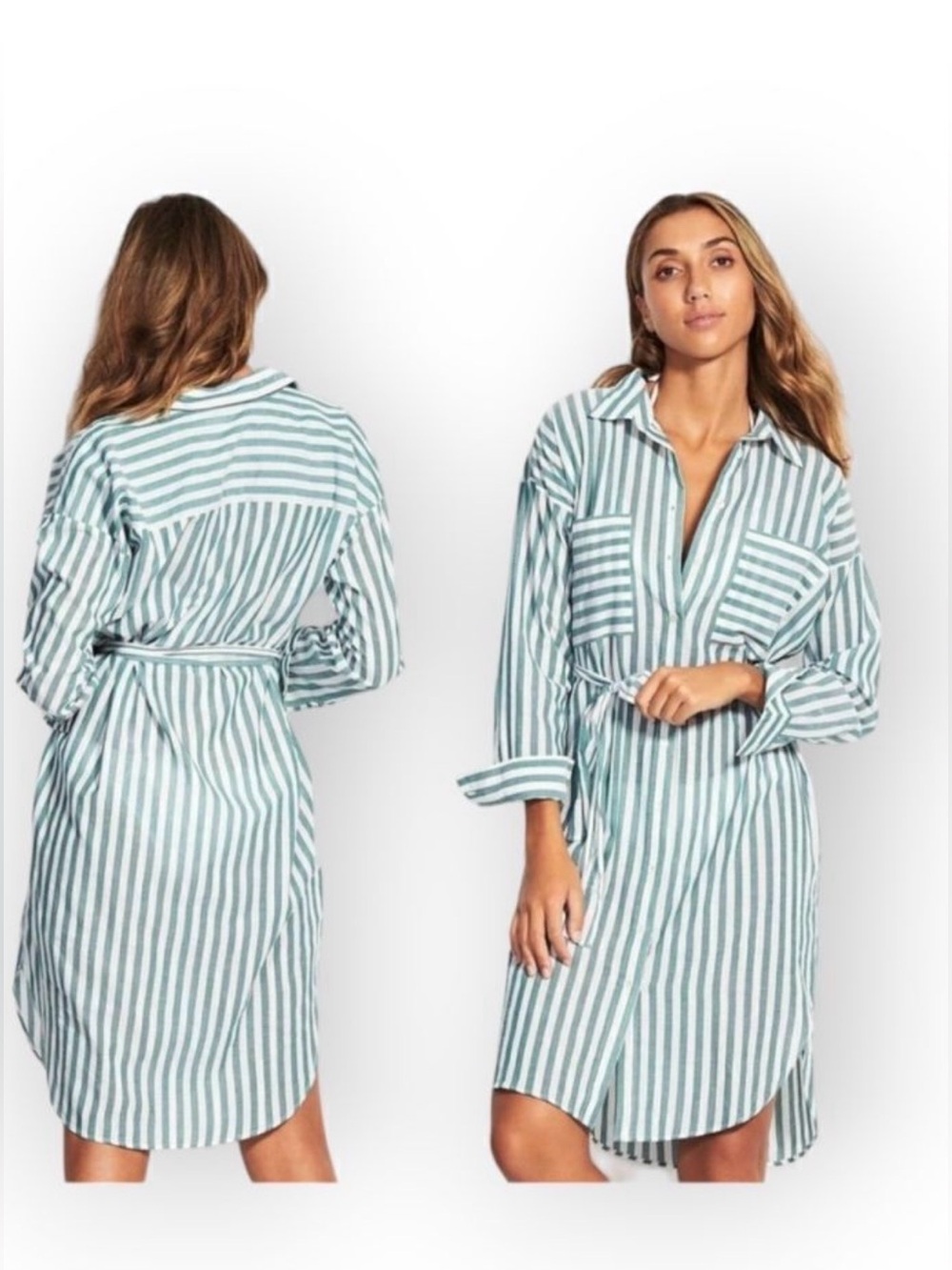 Seafolly Green and White Striped Shirtdress with belt.